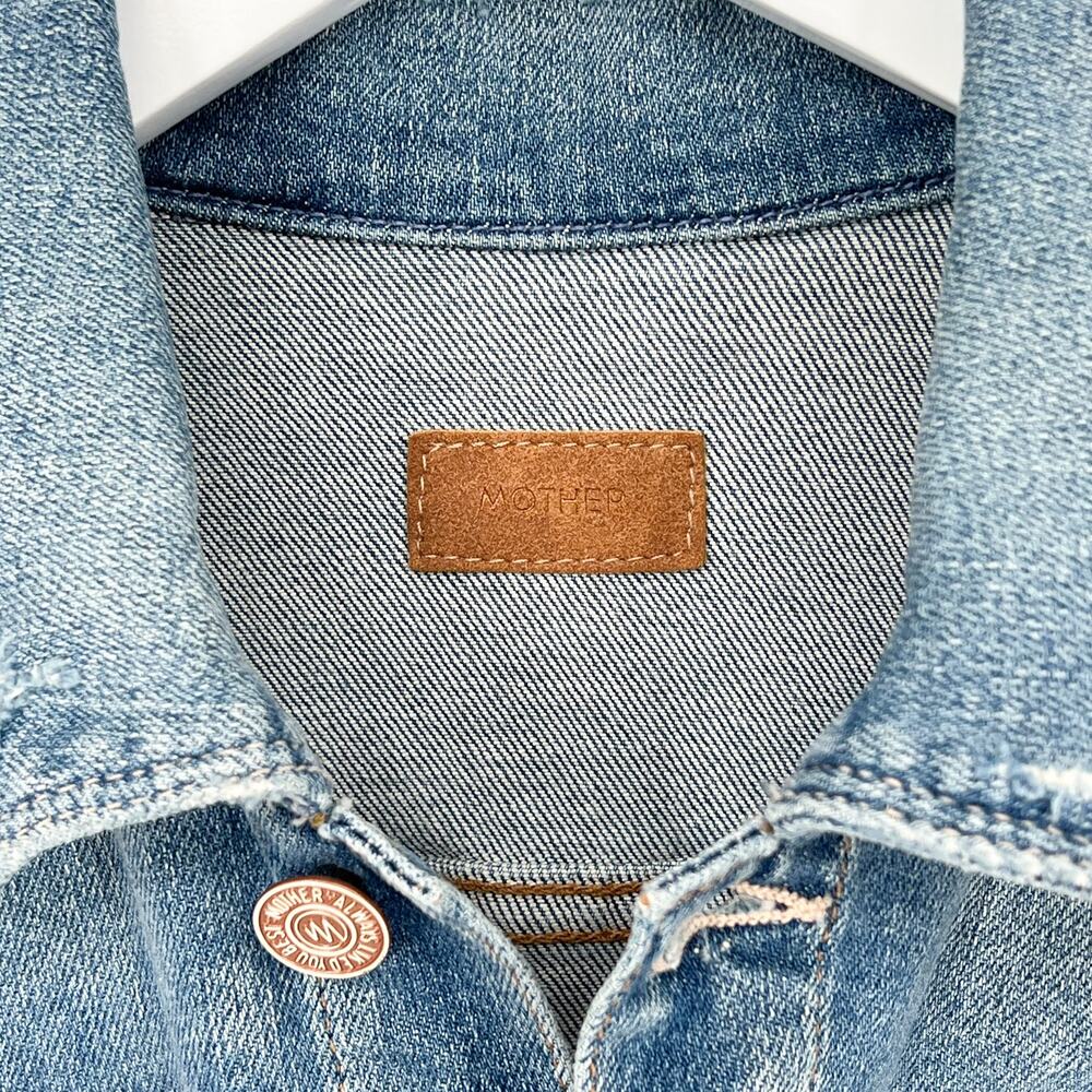 MOTHER The Bruiser Crop Denim Jacket Women’s Size Small Love Gun Distressed - Picture 3 of 7